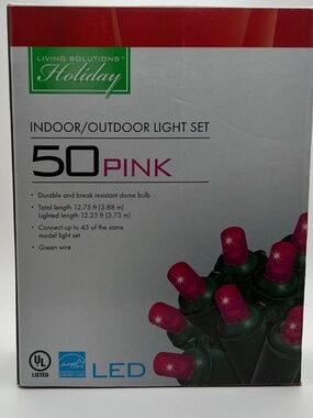 Living Solutions 50 PINK Holiday Dome Bulb Lights LED indoor/outdoor 12.75ft